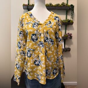 J.Crew yellow and blue floral v neck blouse. Size medium